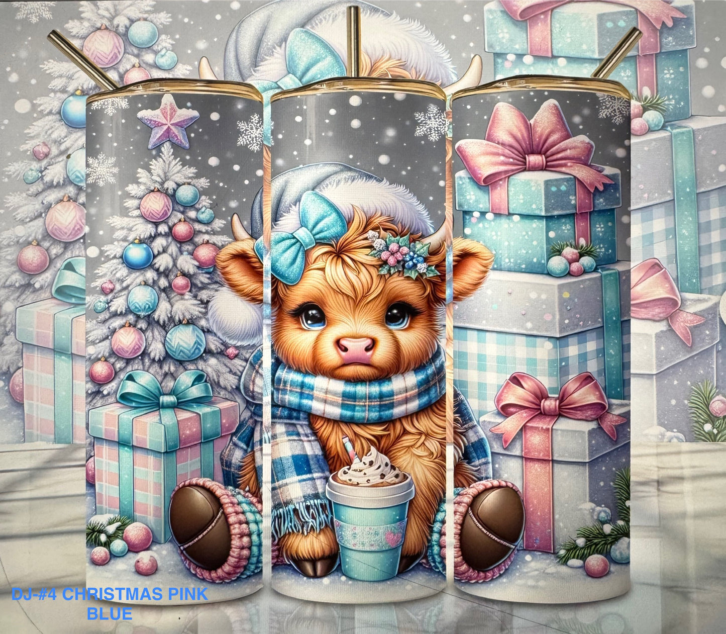 Tumbler DJ#4 HIGHLAND COW CHRISTMAS PINK BLUE