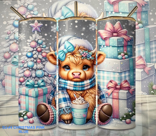 Tumbler DJ#4 HIGHLAND COW CHRISTMAS PINK BLUE